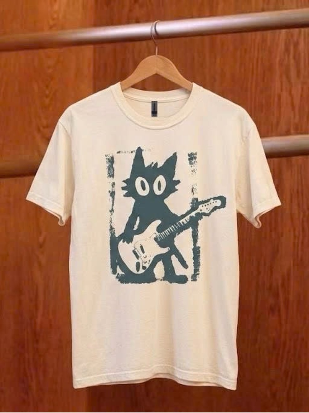 Guitar Playing Cat Graphic T-shirt Indie Music Tee Cream